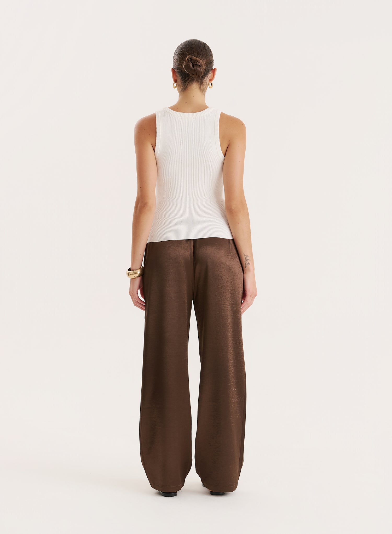Chocolate Satin Elasticated Waist Wide Leg Trouser